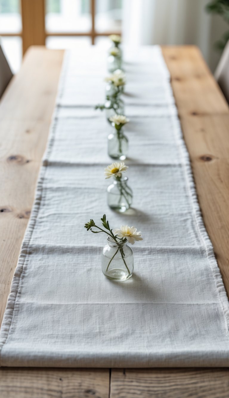 A wooden dining table with a simple linen runner and a row of small bud vases holding single flowers arranged in the center.
